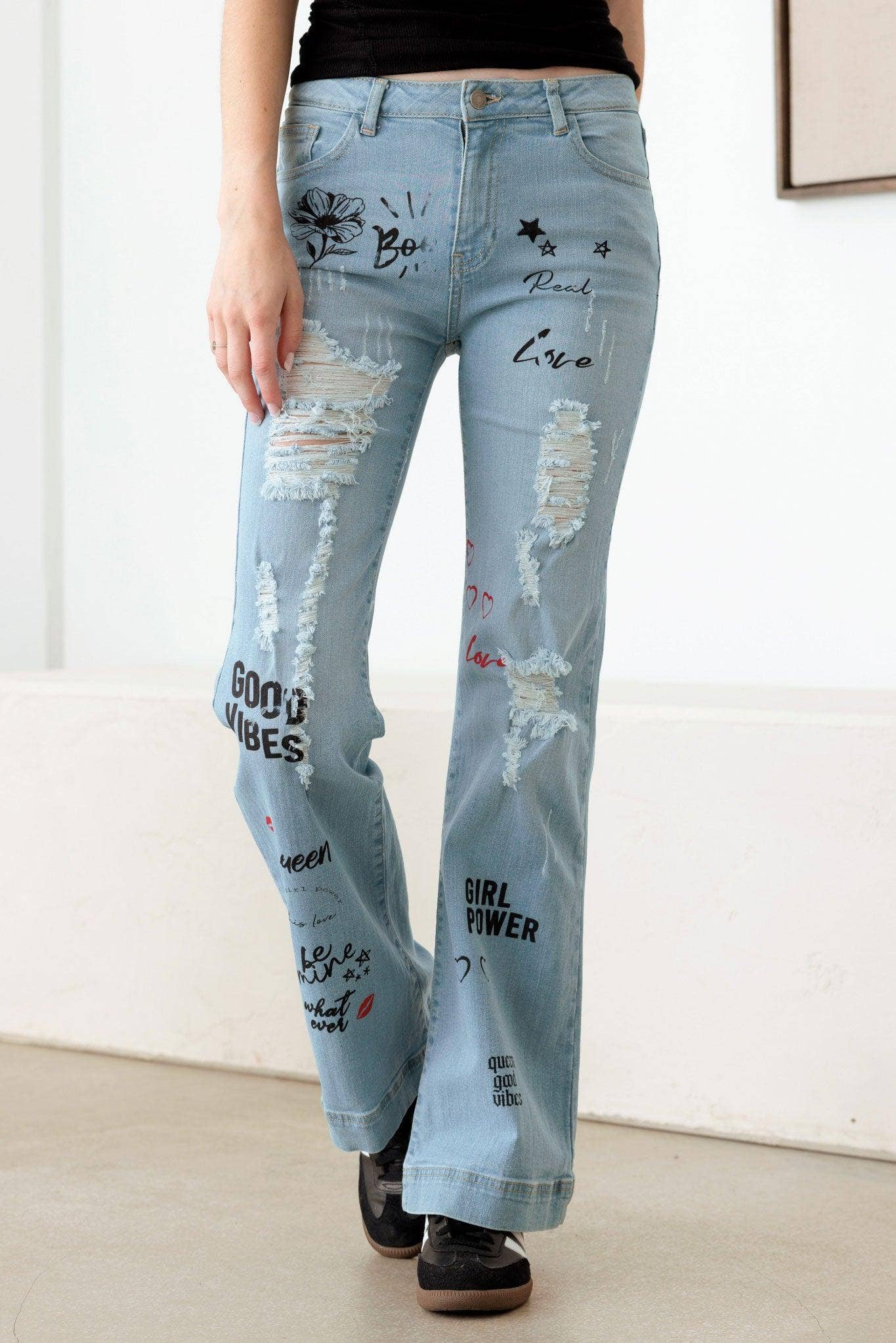 Graphic Print Flare Jeans: Dark Denim Blue Bodi Language for Women