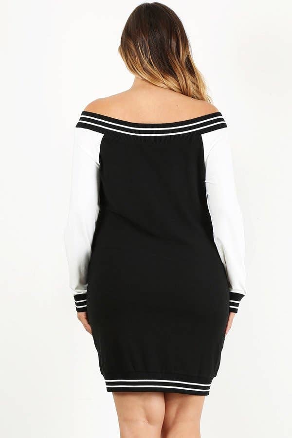 Plus Size Colorblock Off Shoulder Zip Dress - Black Bodi Language for Women