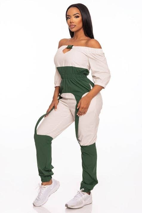 BUCKLE UP JOGGER JUMPSUIT: GREEN COMBO Bodi Language for Women