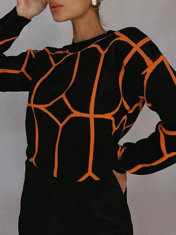 VividLux - Long Sleeves Loose Geometric Round-Neck Knitwear Pullovers Sweater Tops: GREEN / L VividLux