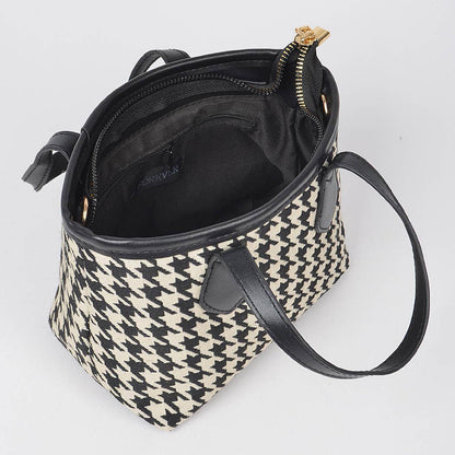 Houndstooth Tweed Small Tote Bag: Black