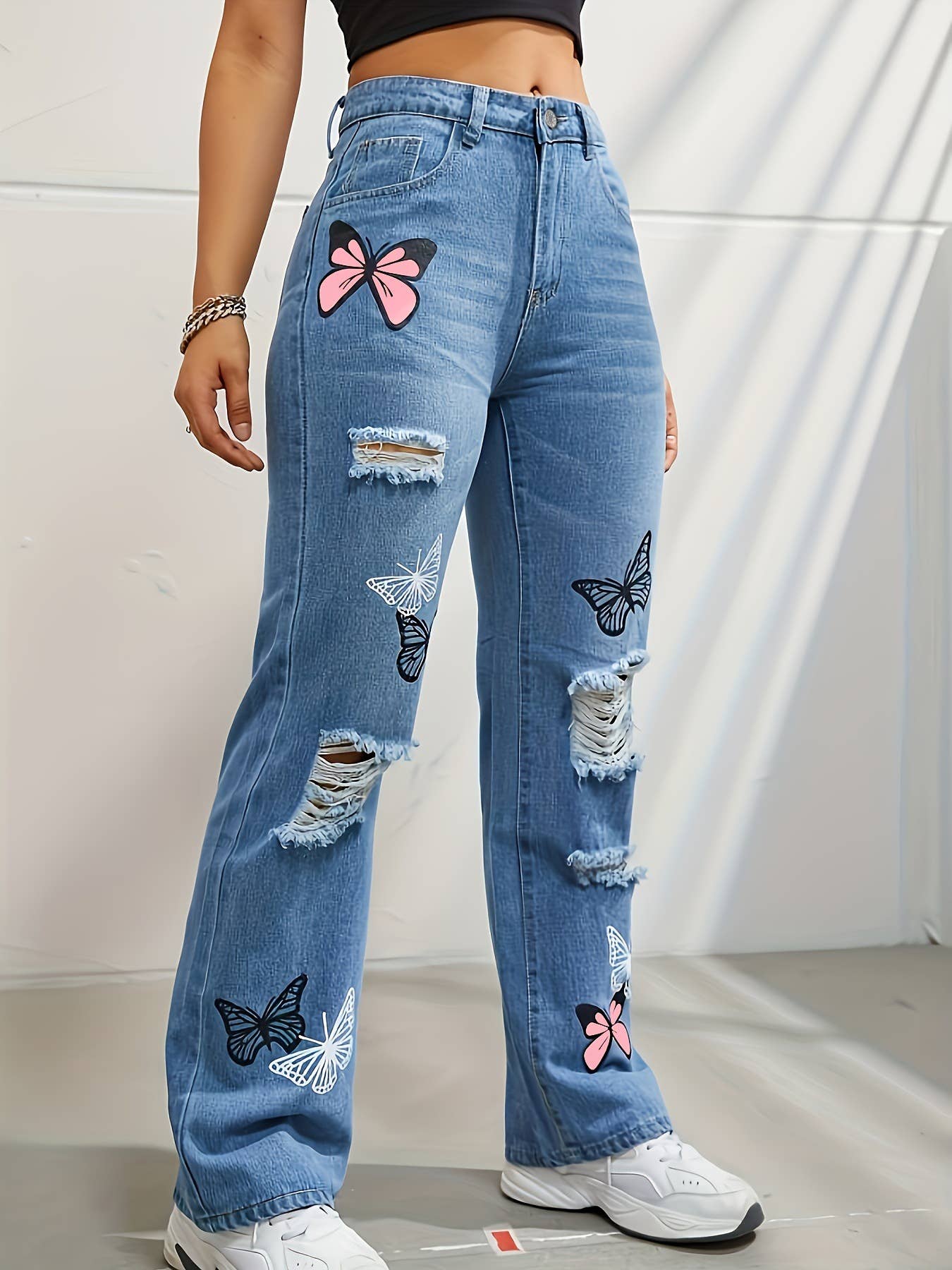 Tourtiwi - Women's butterfly print ripped high waist denim trousers: Blue / 2XL