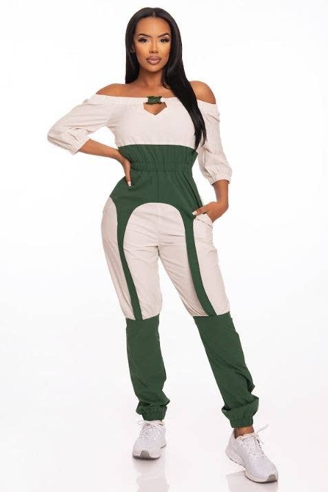 BUCKLE UP JOGGER JUMPSUIT: GREEN COMBO Bodi Language for Women