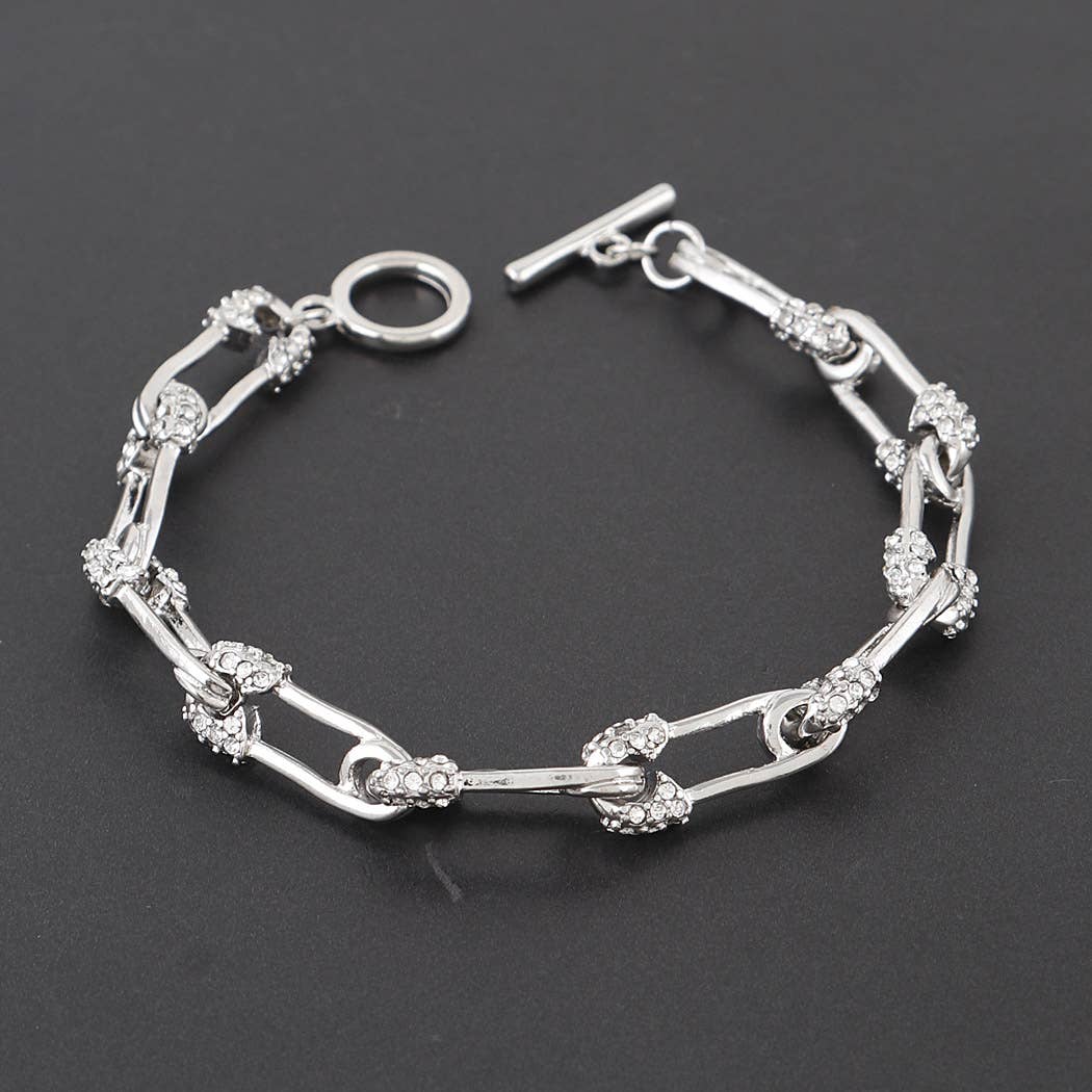 Rhinestone Embedded Safety Pin Chain Bracelet: Silver Clear