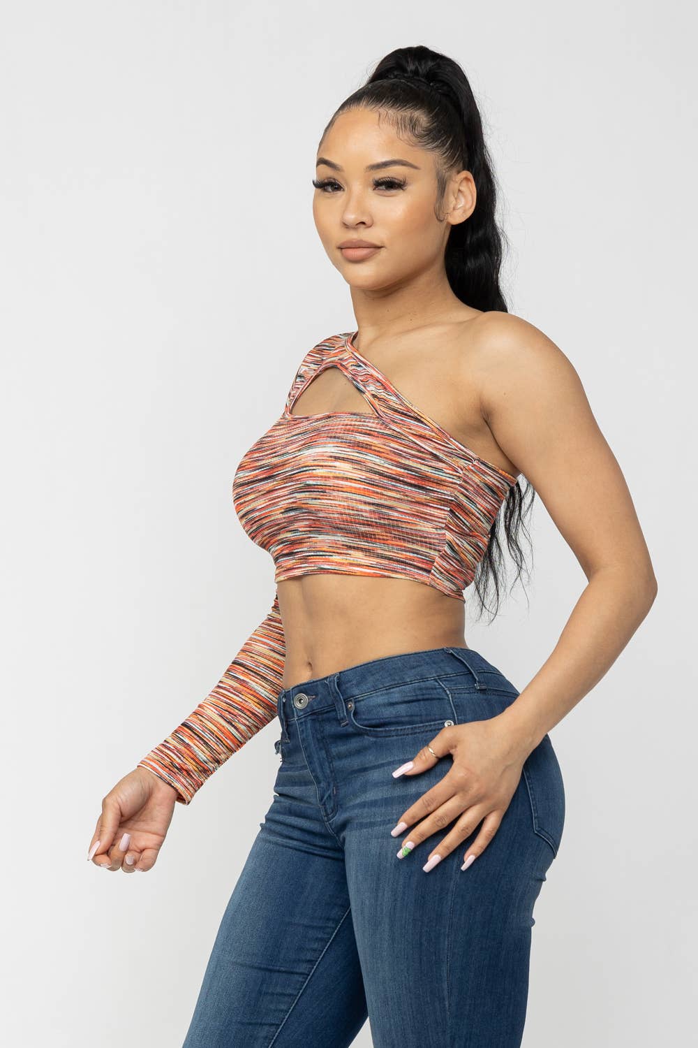 Space Dye One Shoulder Cut Out Detail Crop Top: Orange Combo Julia by LoveJ