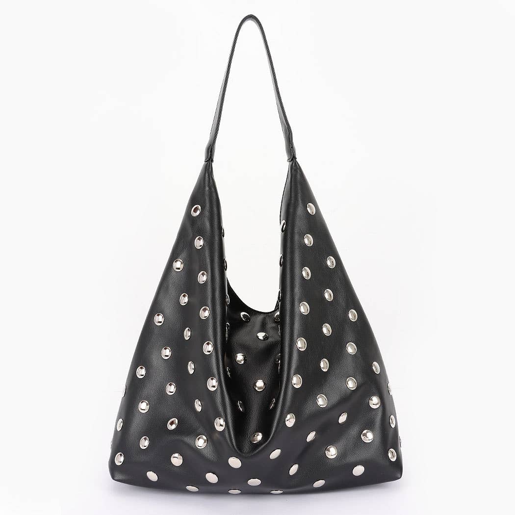 Studded Faux Leather Hobo Bag- BLK
