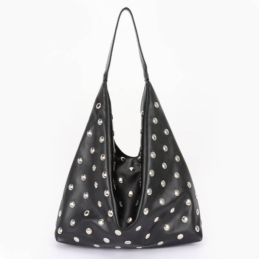 Studded Faux Leather Hobo Bag- BLK