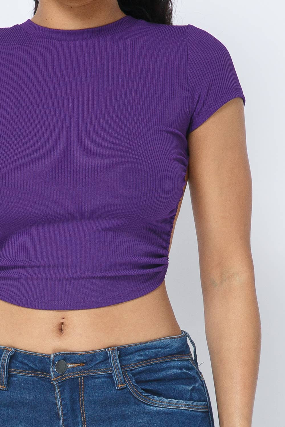 Rib Open Back String Tie Crop Top: Eggplant