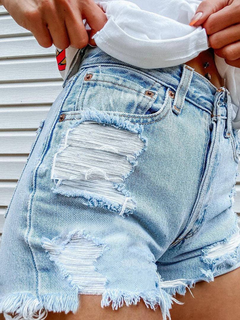Bite Finger Printed Ripped Jeans: Blue / M