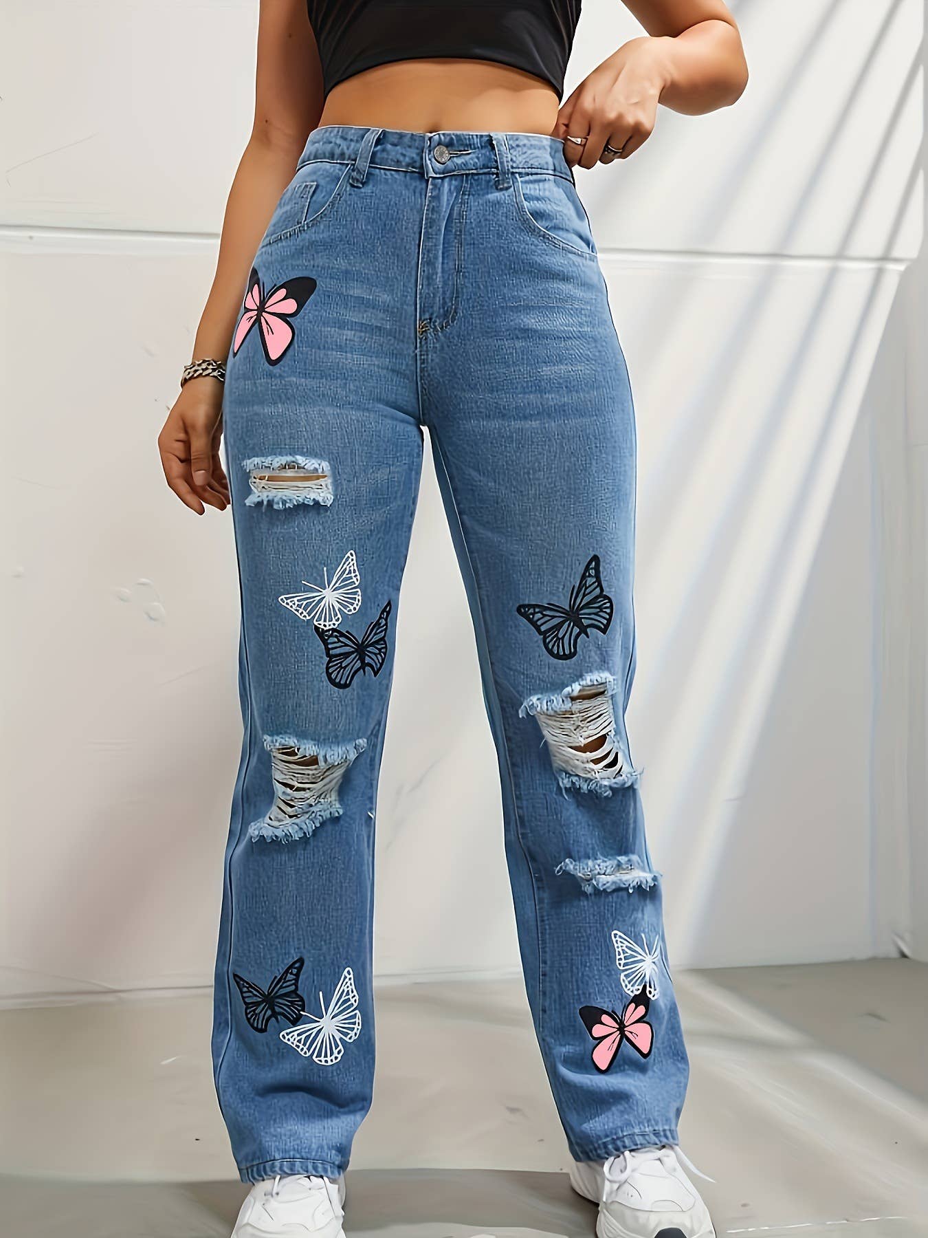 Tourtiwi - Women's butterfly print ripped high waist denim trousers: Blue / 2XL