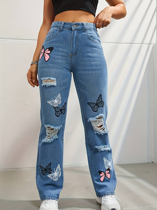 Tourtiwi - Women's butterfly print ripped high waist denim trousers: Blue / XL