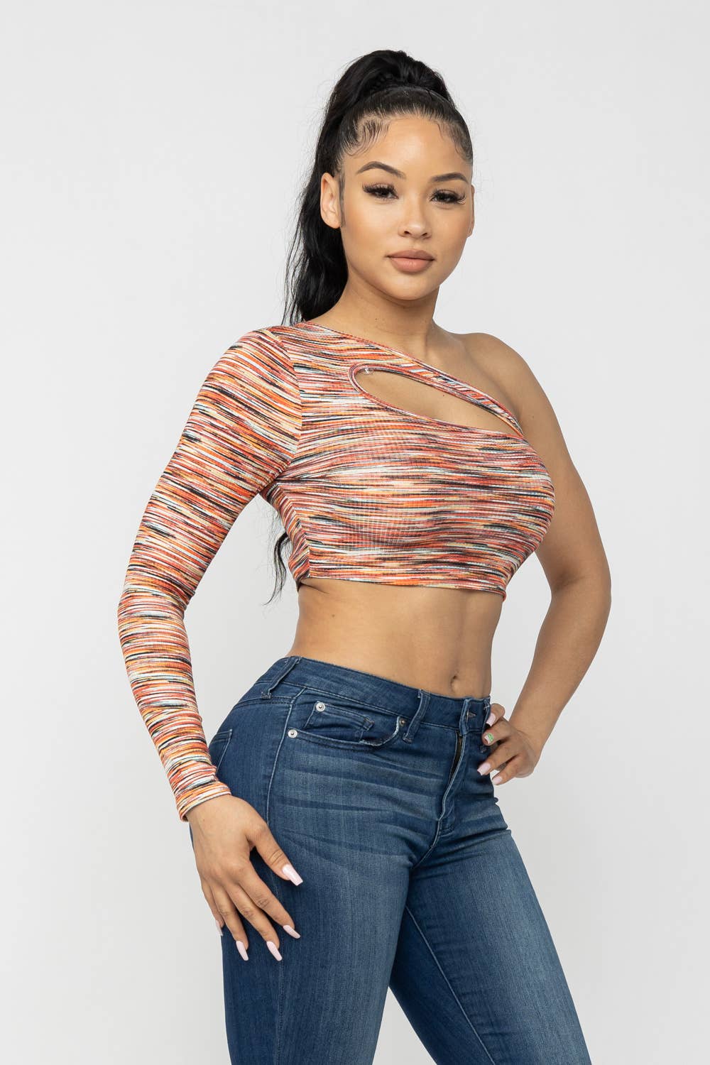 Space Dye One Shoulder Cut Out Detail Crop Top: Orange Combo Julia by LoveJ