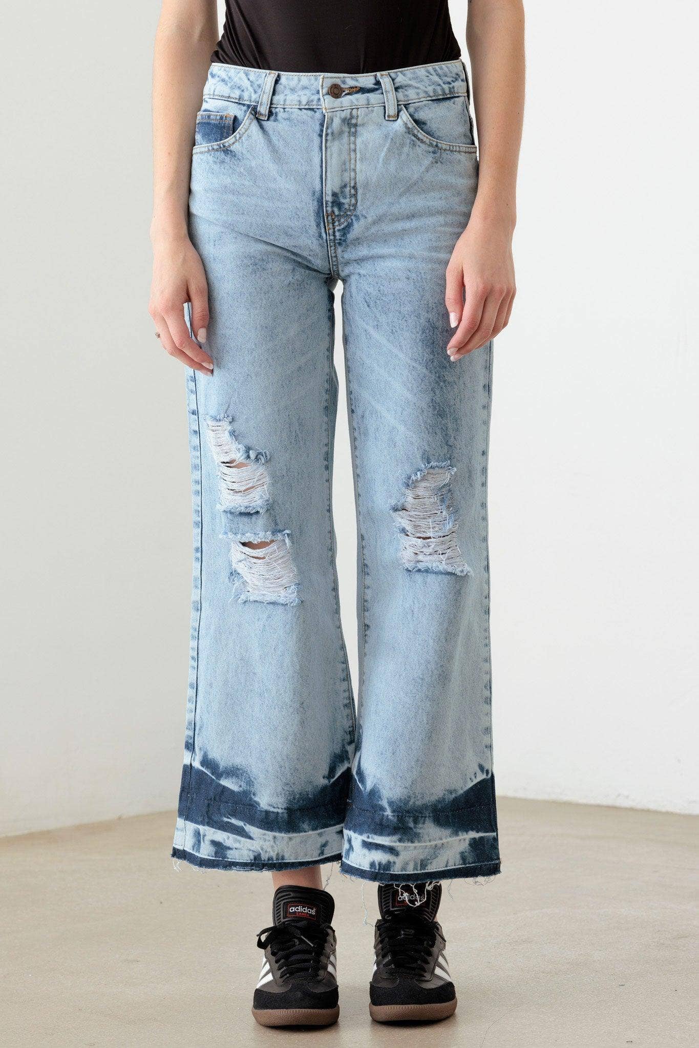 Blue Acid Washed Destroyed Cropped Jeans: Acid Wash Bodi Language for Women