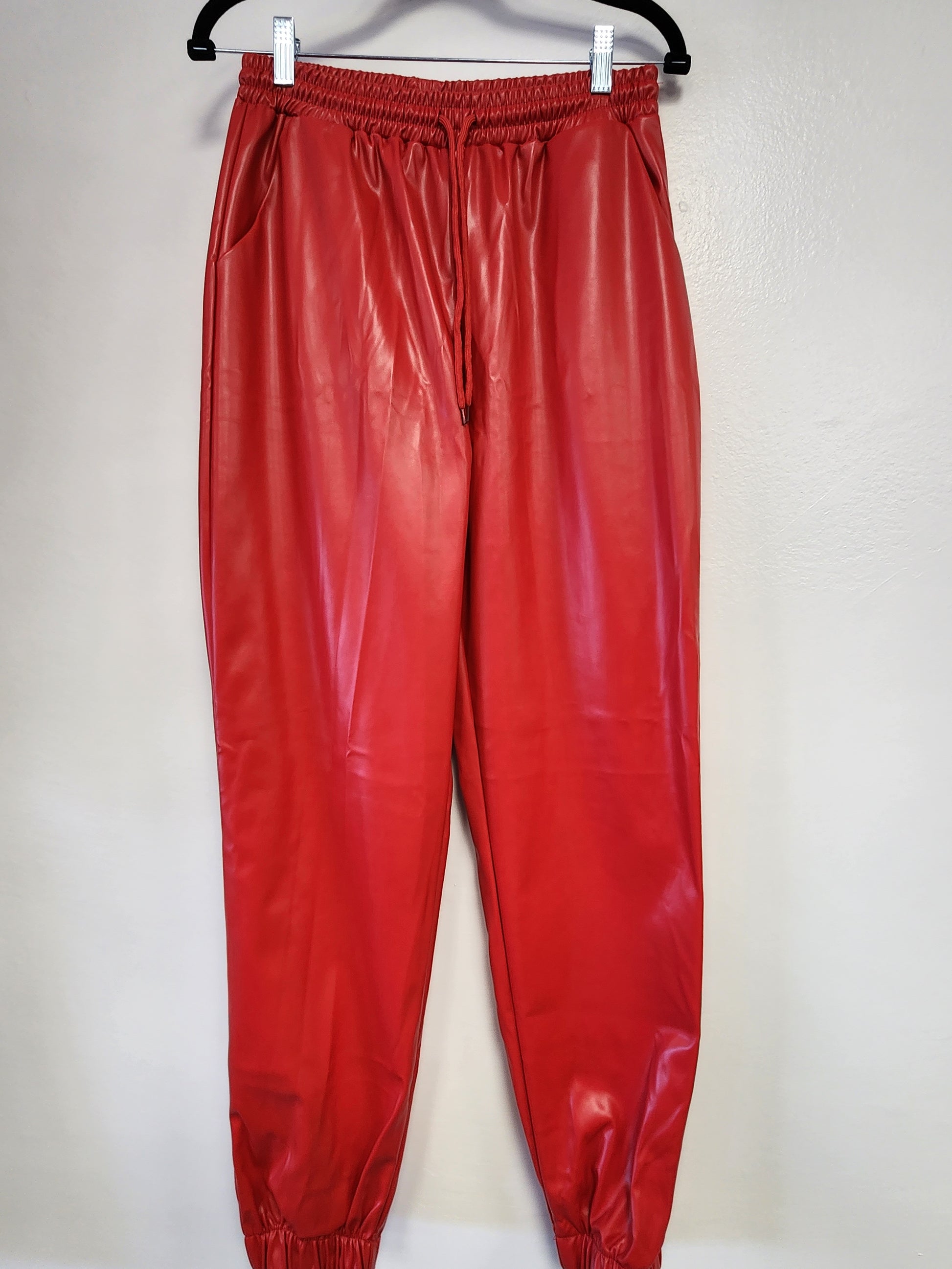 - Women's Solid Color Faux Leather Drawstring Pants Bodi Language for Women