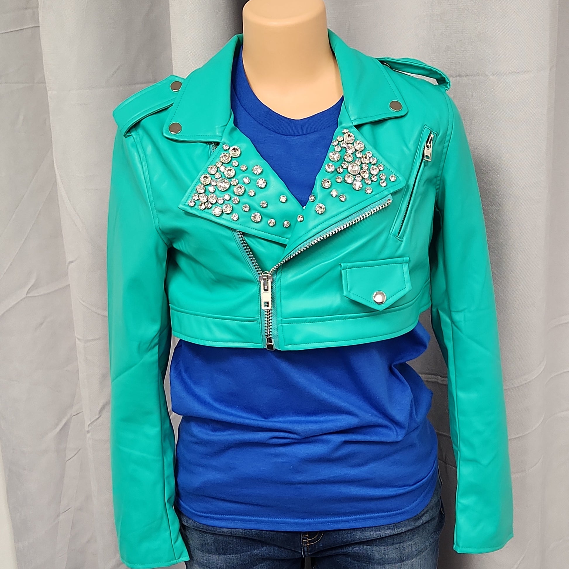 Faux Leather Crop Jacket w Rhinestones Bodi Language for Women