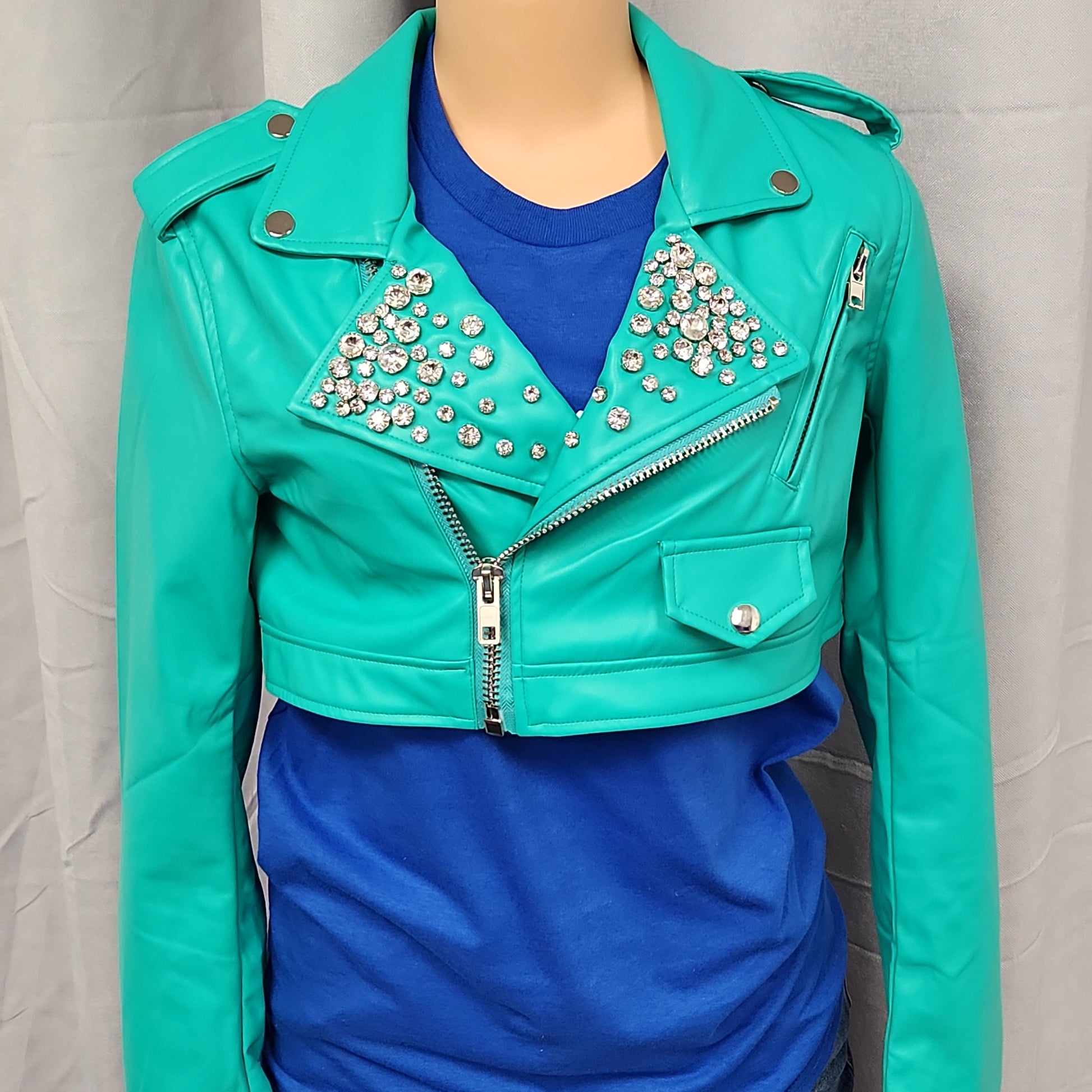 Faux Leather Crop Jacket w Rhinestones Bodi Language for Women