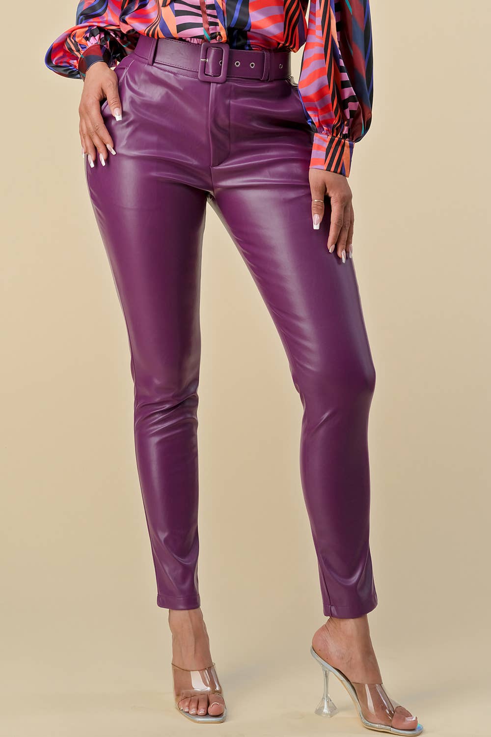 Purple PU Leather Belted Pant Bodi Language for Women