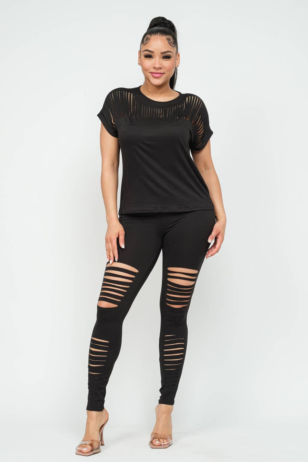 - Laser Cut Loose Fit Top And Leggings Set Bodi Language for Women