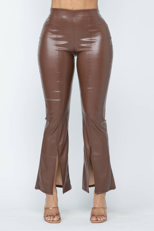 Pu Leather High Waisted Front Slit Hem Back Zipper Pants: Coffee Julia by LoveJ