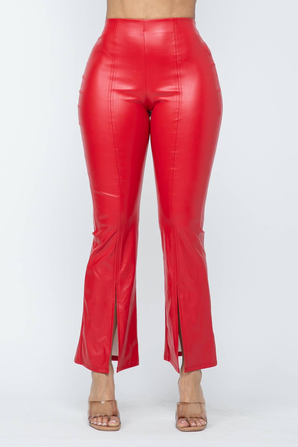 Pu Leather High Waisted Front Slit Hem Back Zipper Pants: Red Bodi Language for Women