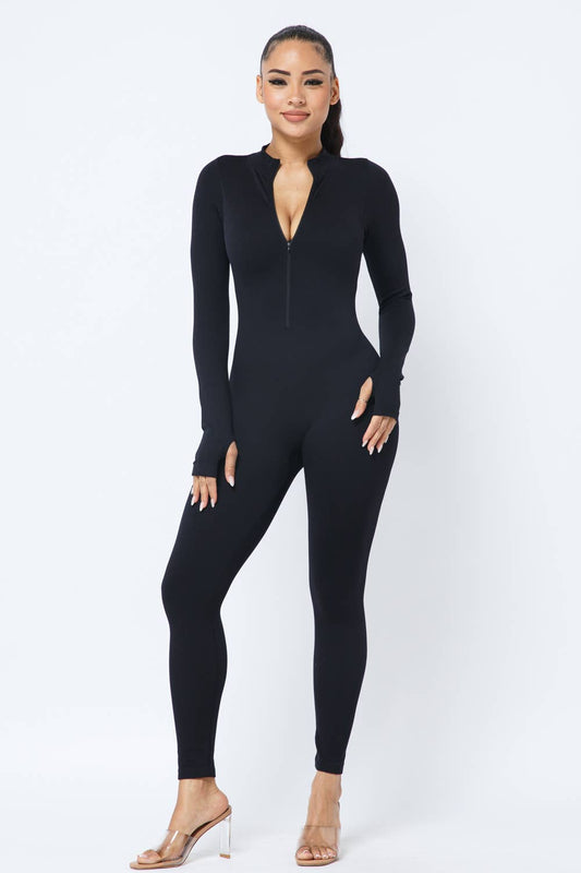 Front Zipper Mock Neck Open Thumb Long Sleeve Jumpsuit:  Black Julia by LoveJ