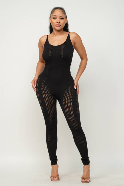Black Seamless Back Spaghetti Strap Distressed Jumpsuit - Bodi Language for Women