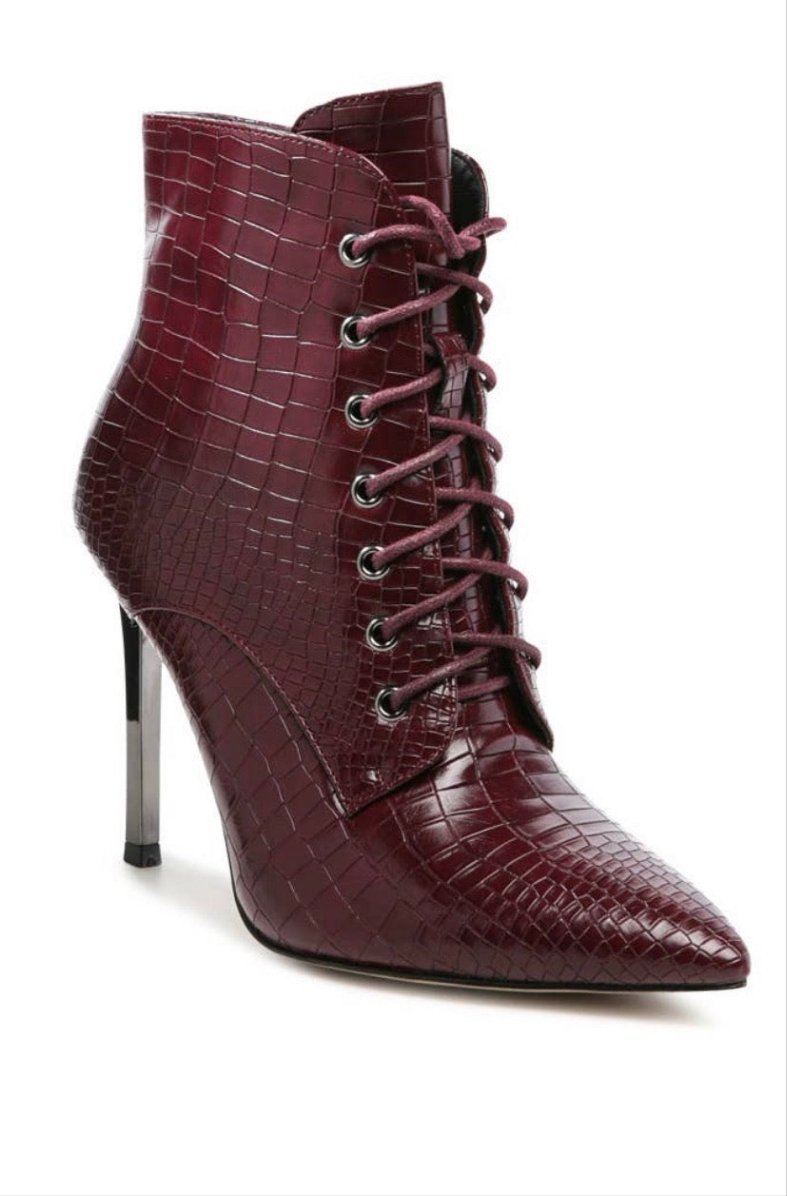 Burgundy stiletto heel lace-up bootie - Bodi Language for Women