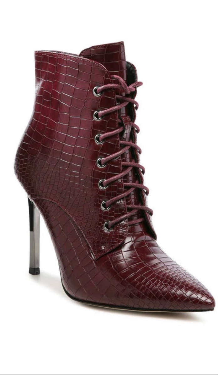 Burgundy stiletto heel lace-up bootie - Bodi Language for Women