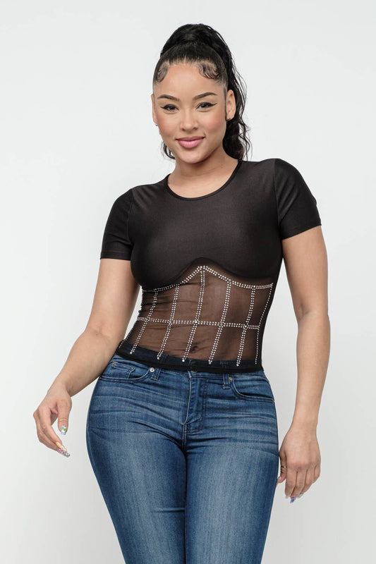 Front Studs Embellished Contrast Mesh Top - Bodi Language for Women