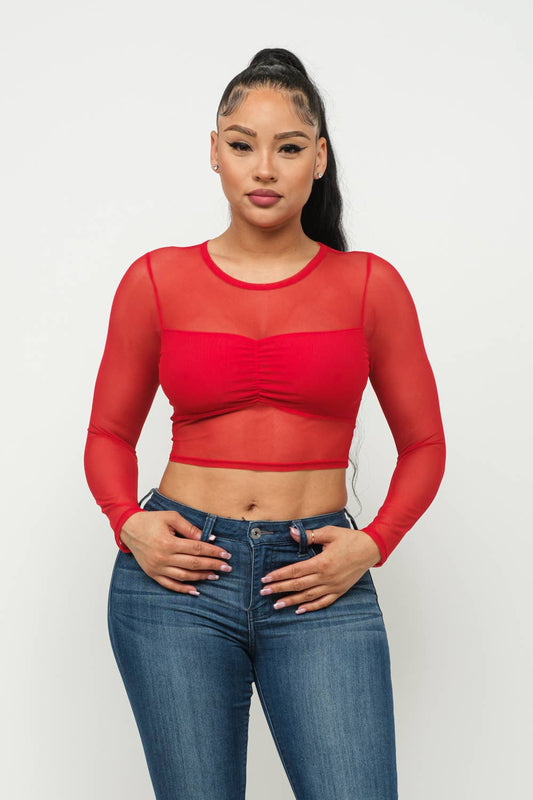 Mesh Front Contrast Lining Elastic Shirring Top - Bodi Language for Women