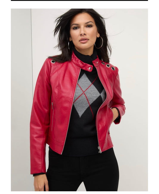 Moto Jacket w Rivets In Red - Bodi Language for Women