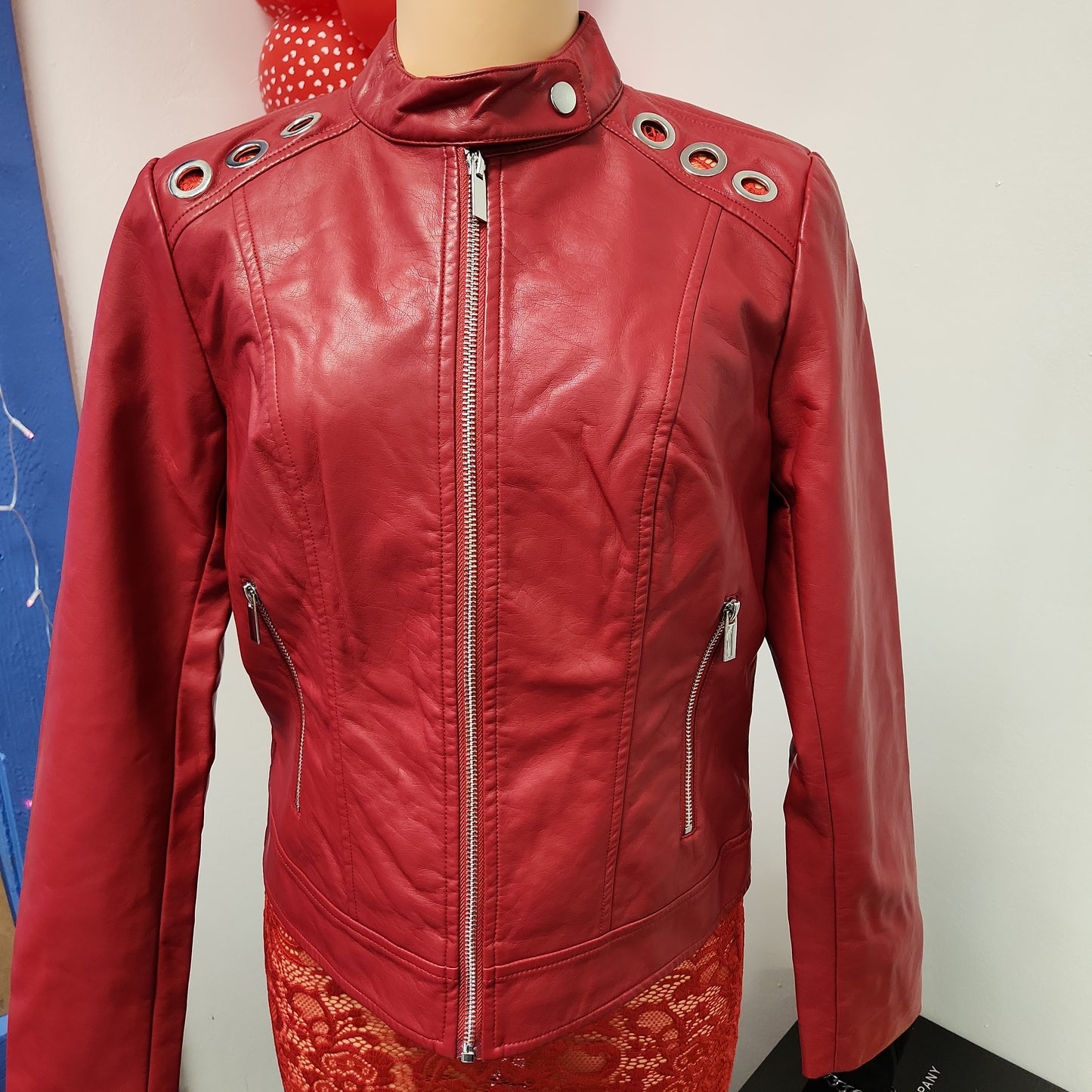 Moto Jacket w Rivets In Red - Bodi Language for Women