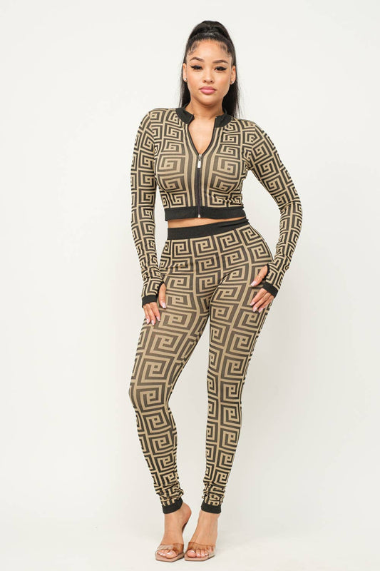 Seamless Print Zip Up Jacket And Leggings Set - Bodi Language for Women