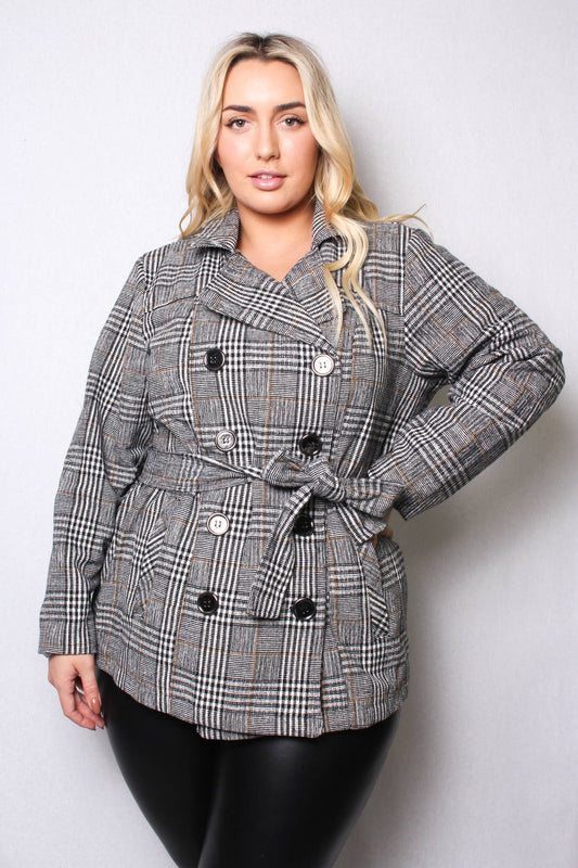 Plus Size Plaid Double Breasted Jacket Bodi Language for Women