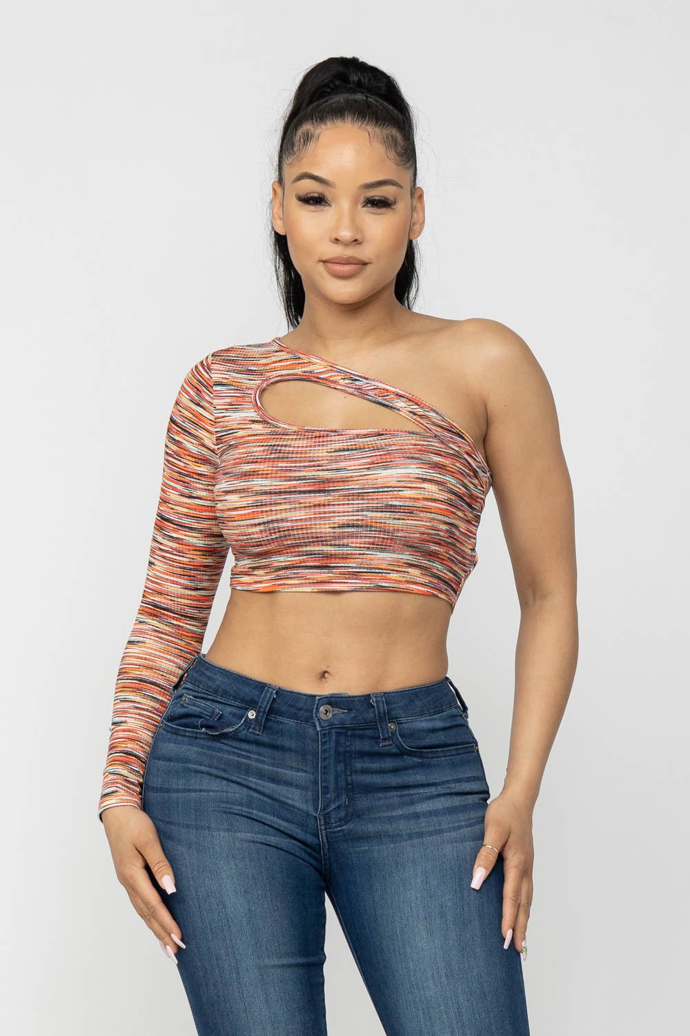 Space Dye One Shoulder Cut Out Detail Crop Top: Orange Combo Julia by LoveJ