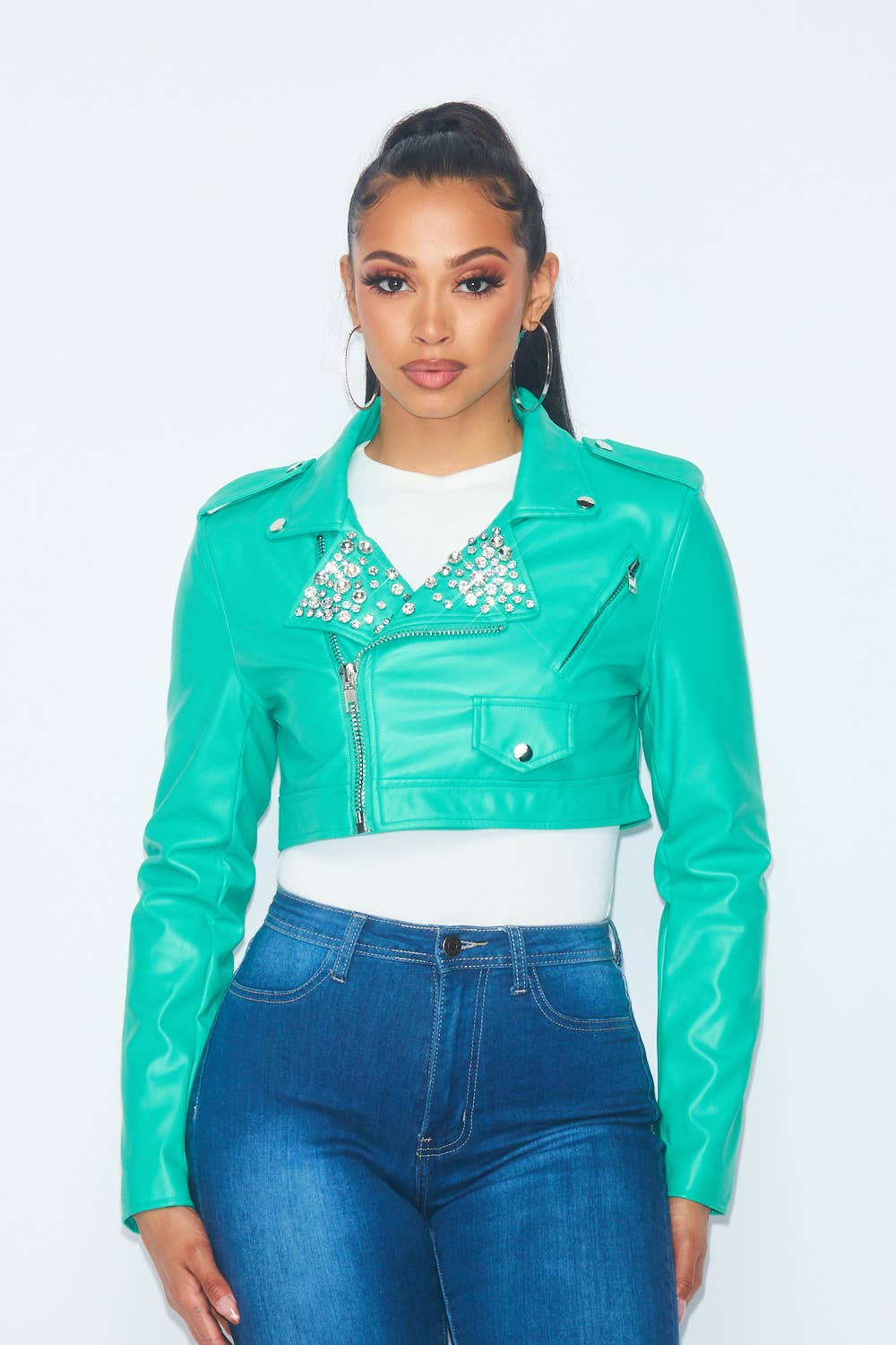 Faux Leather Crop Jacket w Rhinestones Bodi Language for Women