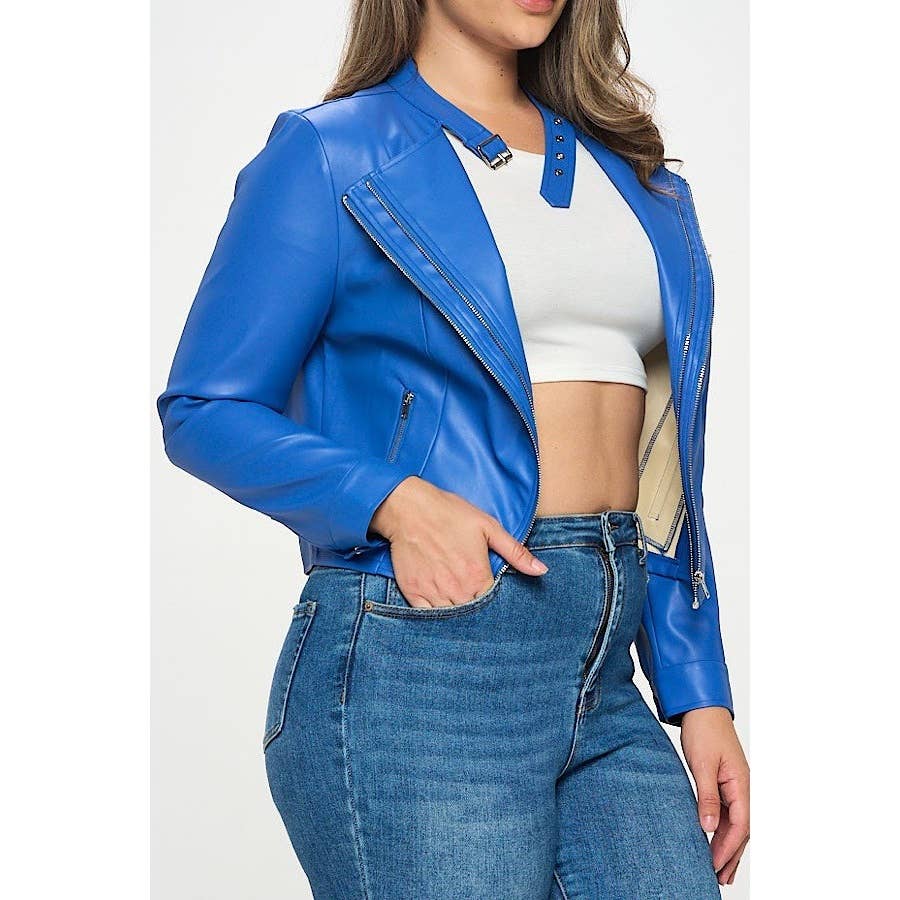 PLUS SIZE PU LEATHER ZIPPER TRIM MOTO JACKET: Royal Bodi Language for Women